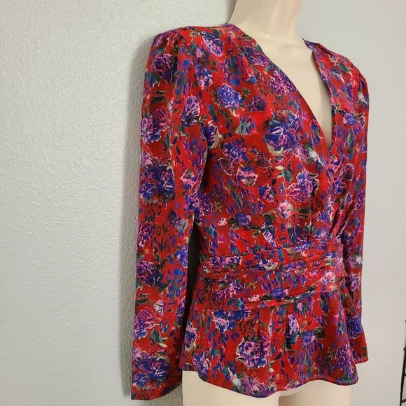 Iro Paris Hurl Blouse Red Floral V Neckline Long Sleeve sz EUR 34 US 0-2 XS - Picture 5 of 9